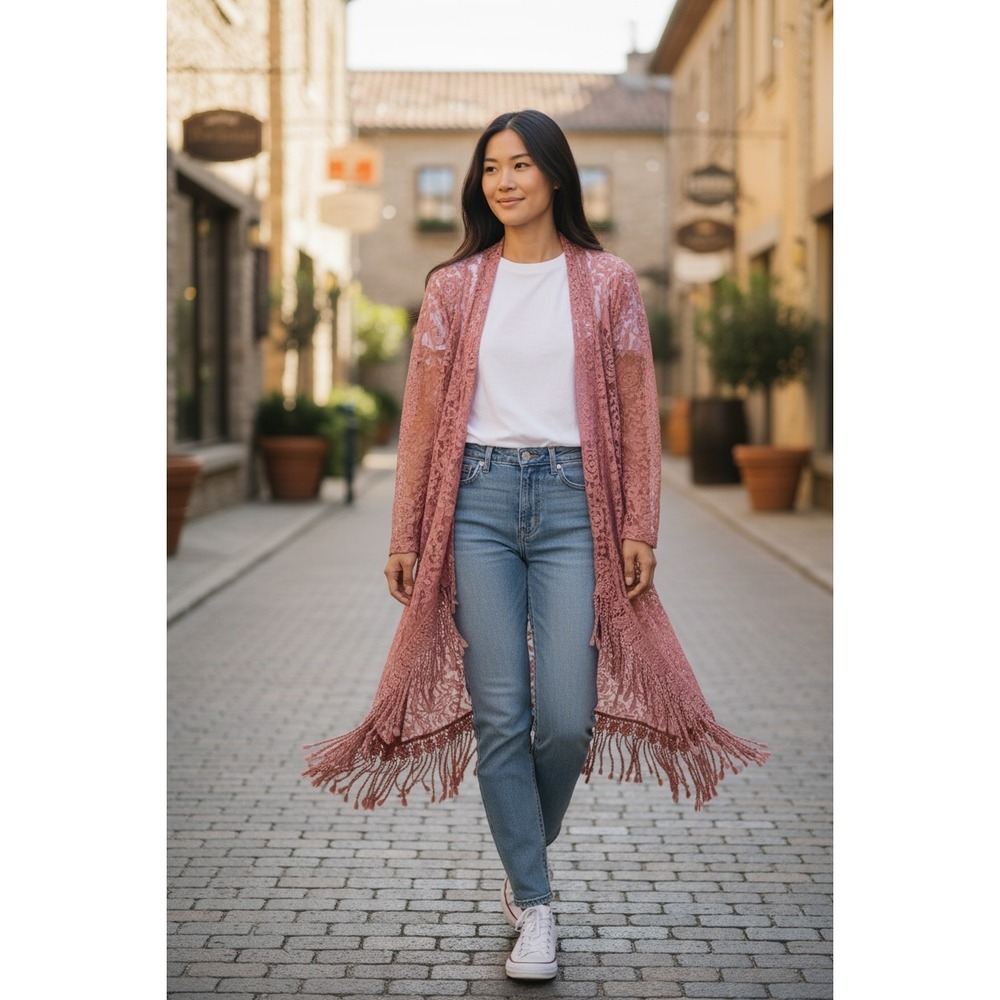 Pretty Angel Lace Boho Fringe Cardigan Womens L/XL Rust Open Front Duster